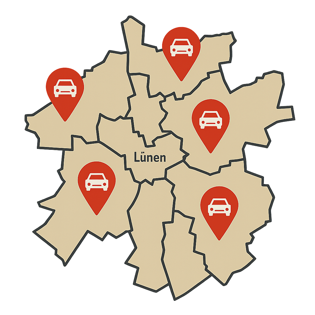Detailkarte von Lünen mit Markierungen für regionalen Autoankauf und unkompliziertes Auto Verkaufen in der Stadt und Umgebung