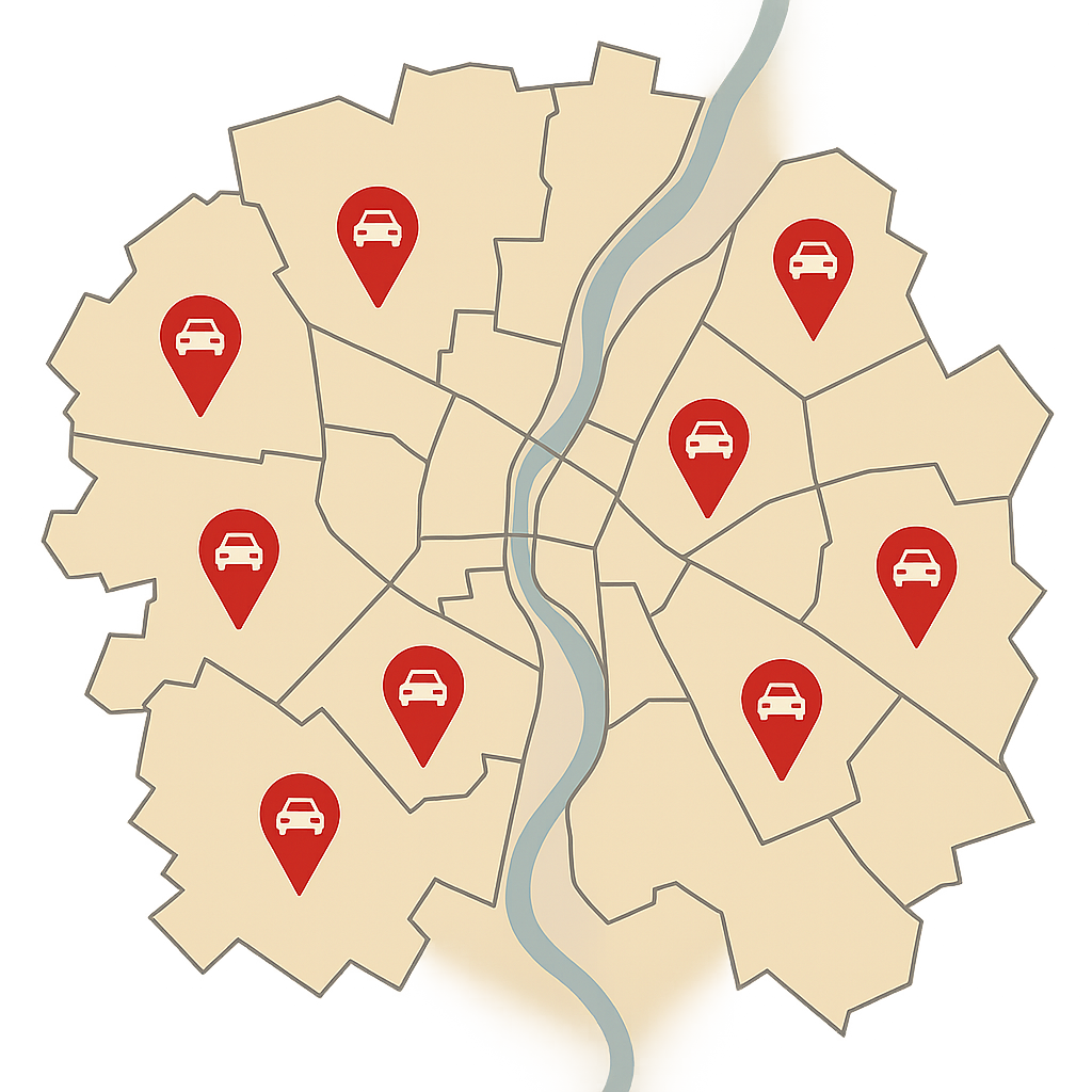 Regionale Stadtkarte von Magdeburg mit Markierungen für Fahrzeug Verkaufen in Schönebeck Elbe Burg bei Magdeburg Wolmirstedt und umliegenden Orten