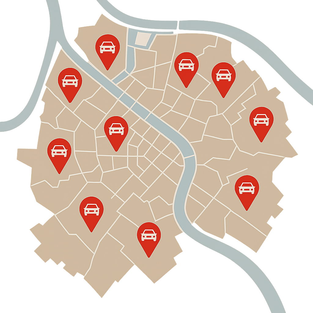 Stadtkarte von Mannheim mit markierten Standorten in der Rhein Neckar Region zum Auto Verkaufen von Ludwigshafen über Heidelberg bis ins Umland