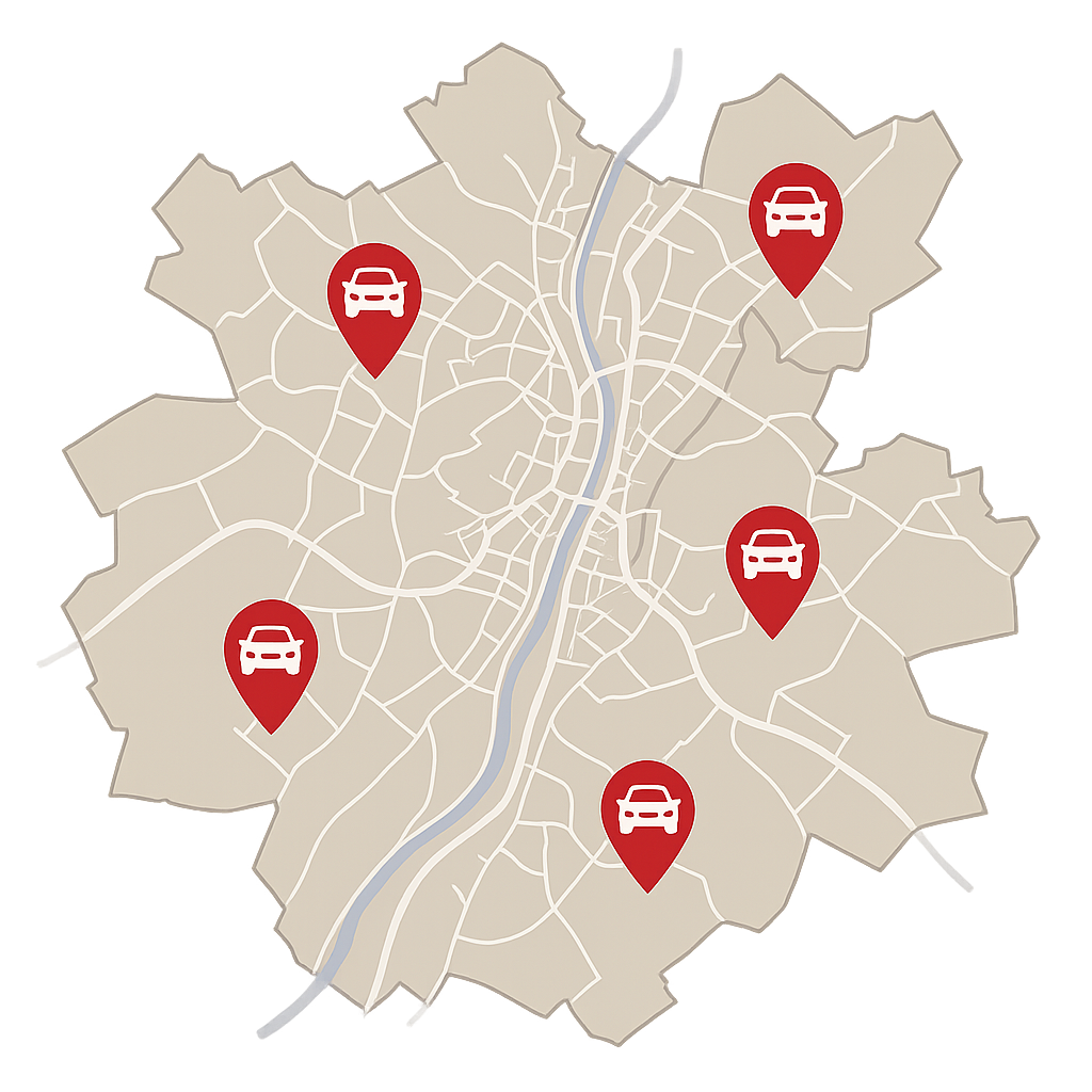 Stadtkarte von Marburg mit markierten Standorten für regionalen Autoankauf und Gebrauchtwagen Verkaufen