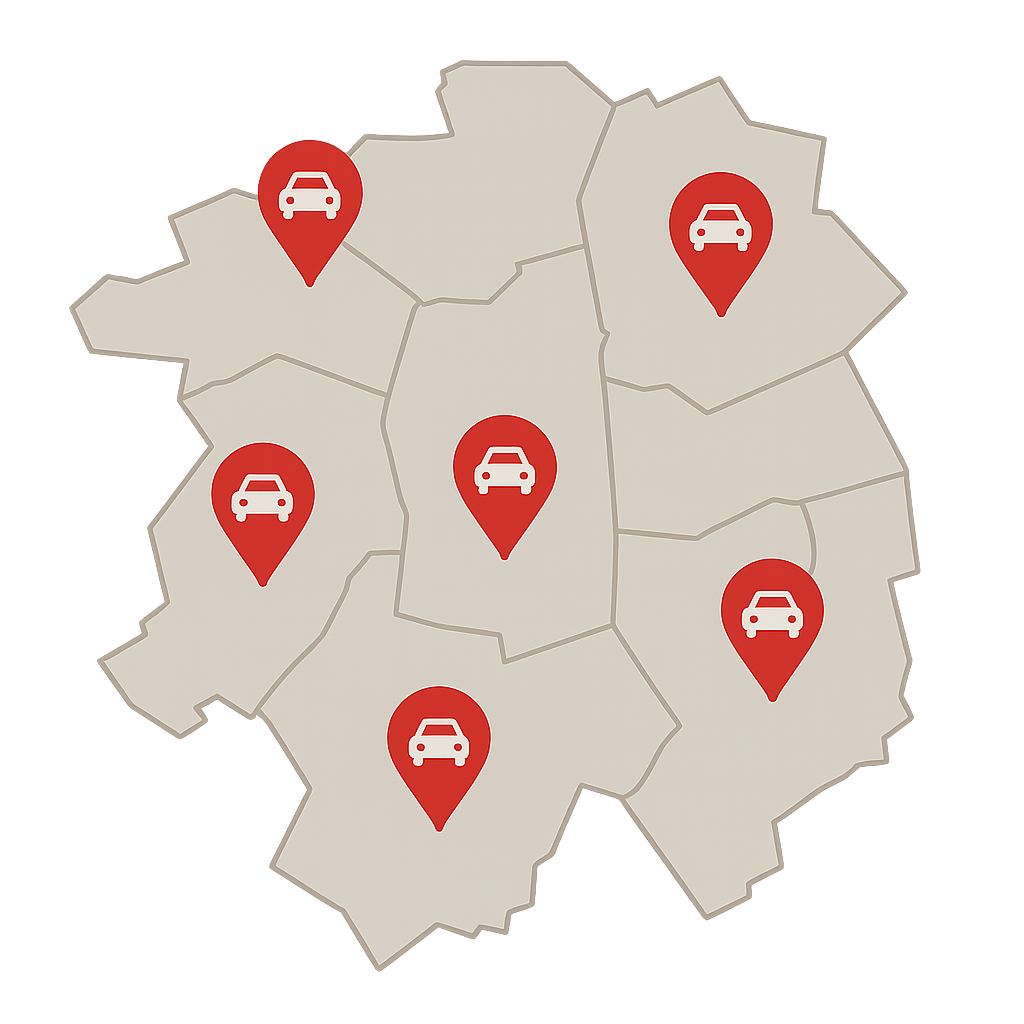 Stadtkarte von Marl mit Markierungen für regionalen Fahrzeugverkauf in Recklinghausen Herten und Dorsten