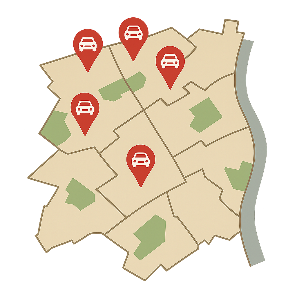 Stadtkarte von Meerbusch mit markierten Standorten zum Auto Verkaufen für Pendler und Halter aus Neuss Kaarst Willich Tönisvorst und Ratingen Nord