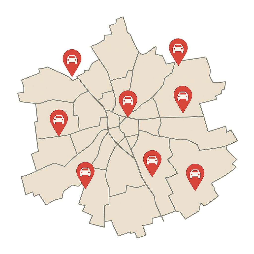 Stadtkarte von Melle mit markierten Standorten zum Auto Verkaufen in verschiedenen Stadtteilen