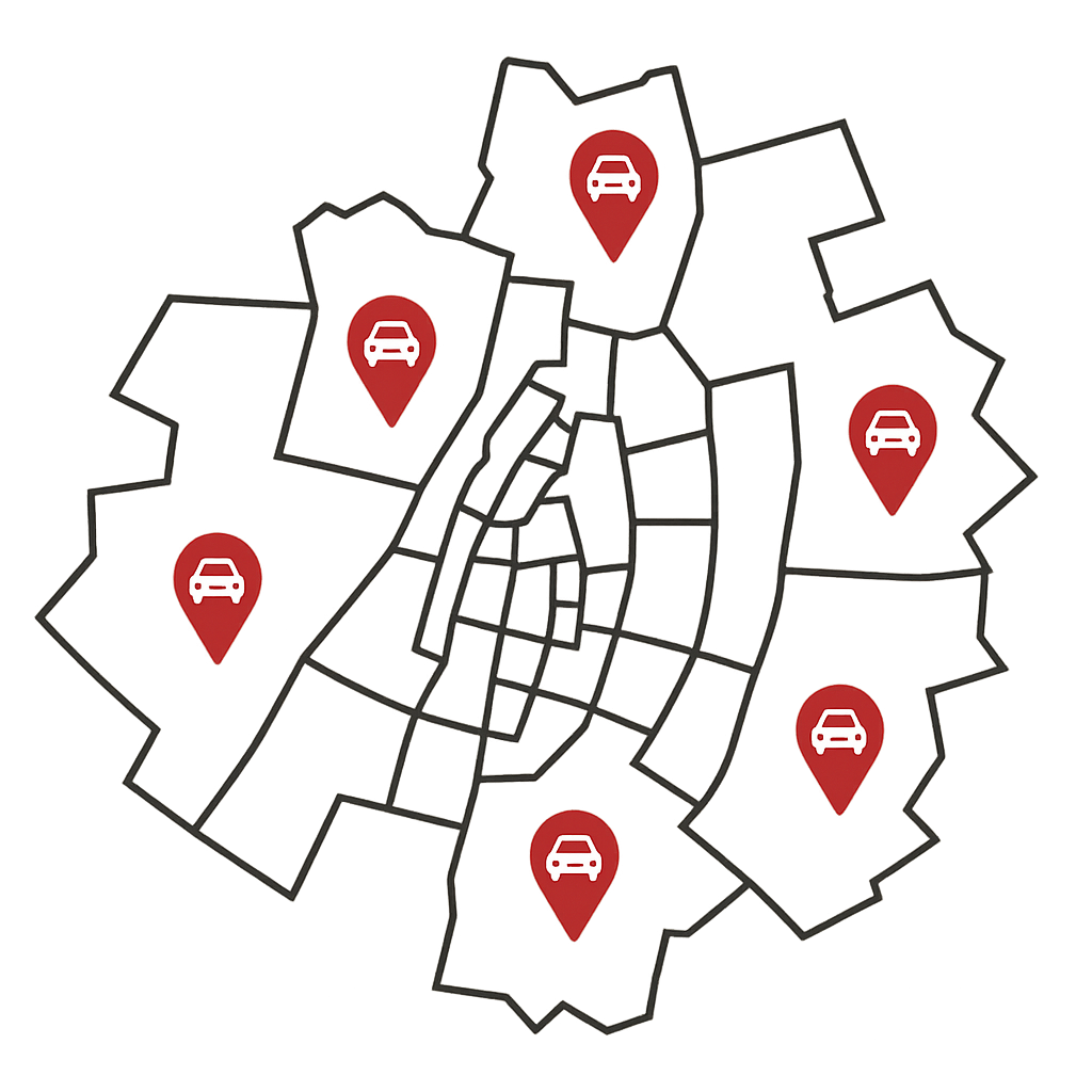 Digitale Stadtkarte von Memmingen mit Markierungen für den Fahrzeugankauf in allen Stadtteilen