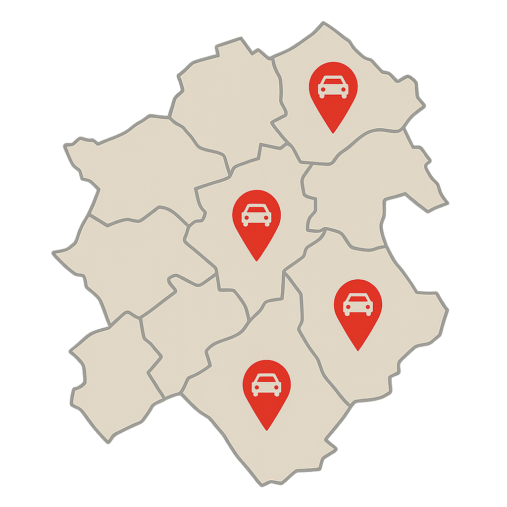 Regionale Stadtkarte von Mettmann mit Markierungen für Standorte zum Auto Verkaufen für Pendlerfahrzeuge und Familienautos