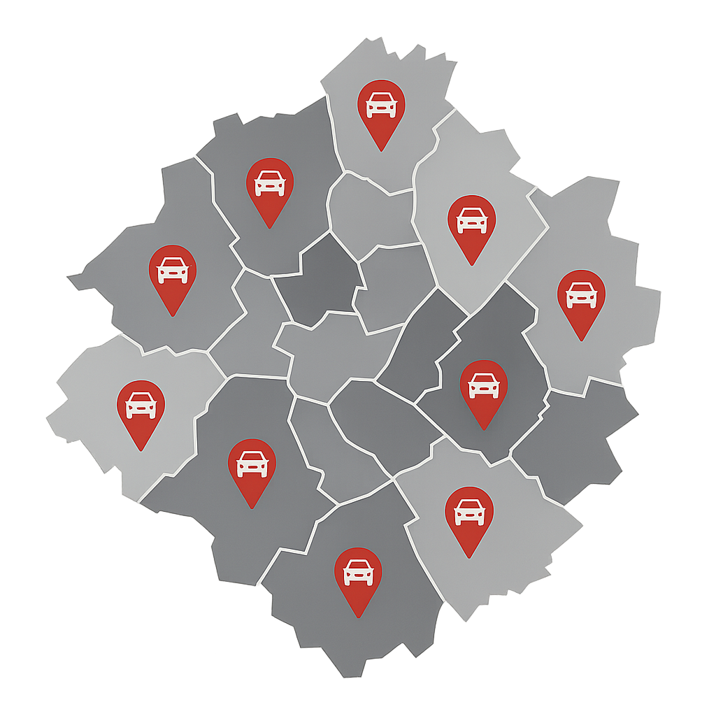 Stadtkarte von Mönchengladbach mit Markierungen für den PKW-Ankauf in der erweiterten Region zwischen Düsseldorf und Aachen