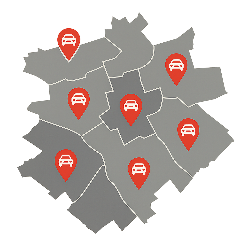 Stadtkarte von Moers mit Markierungen für Auto Verkaufen an Straßenzügen wie Homberger Straße Römerstraße und Düsseldorfer Straße