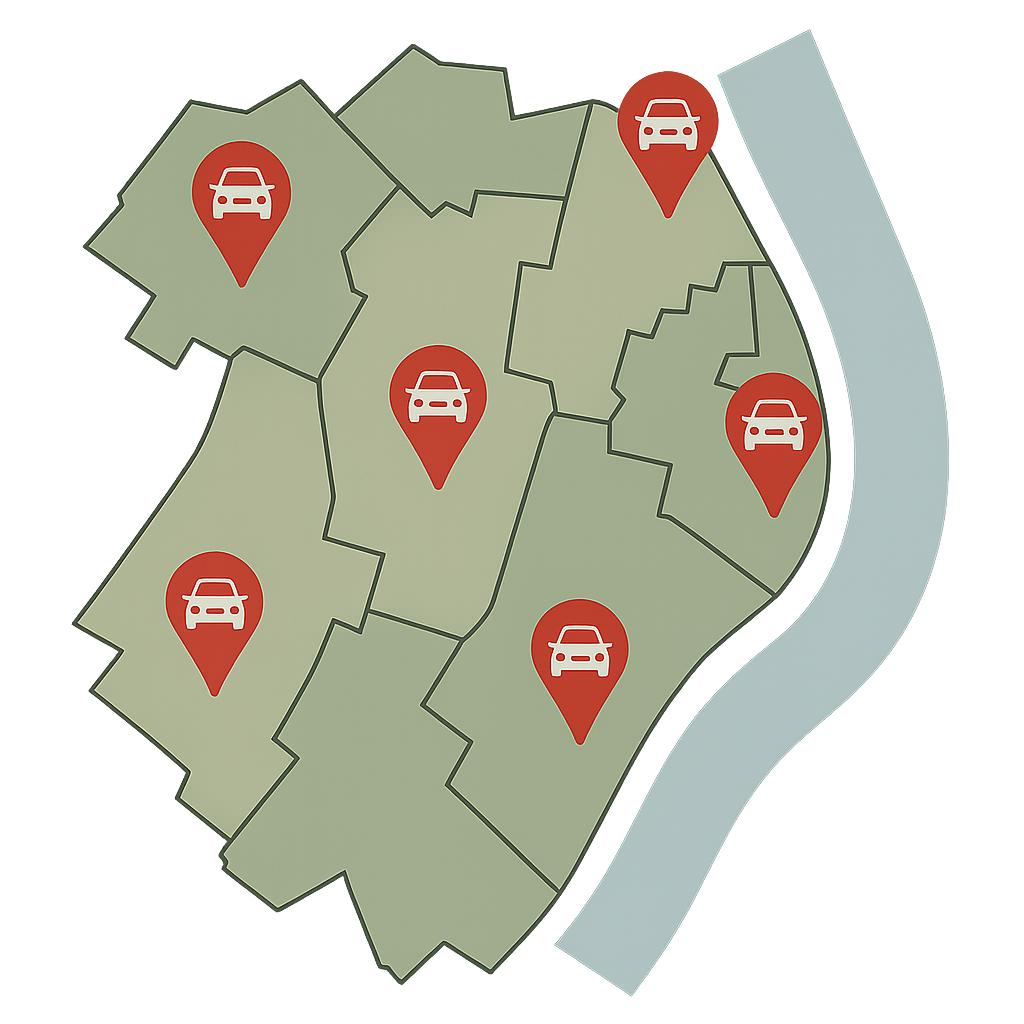 Stadtkarte von Monheim am Rhein mit Markierungen für Auto Verkaufen im erweiterten Umland bis in die Region Düsseldorf und Köln