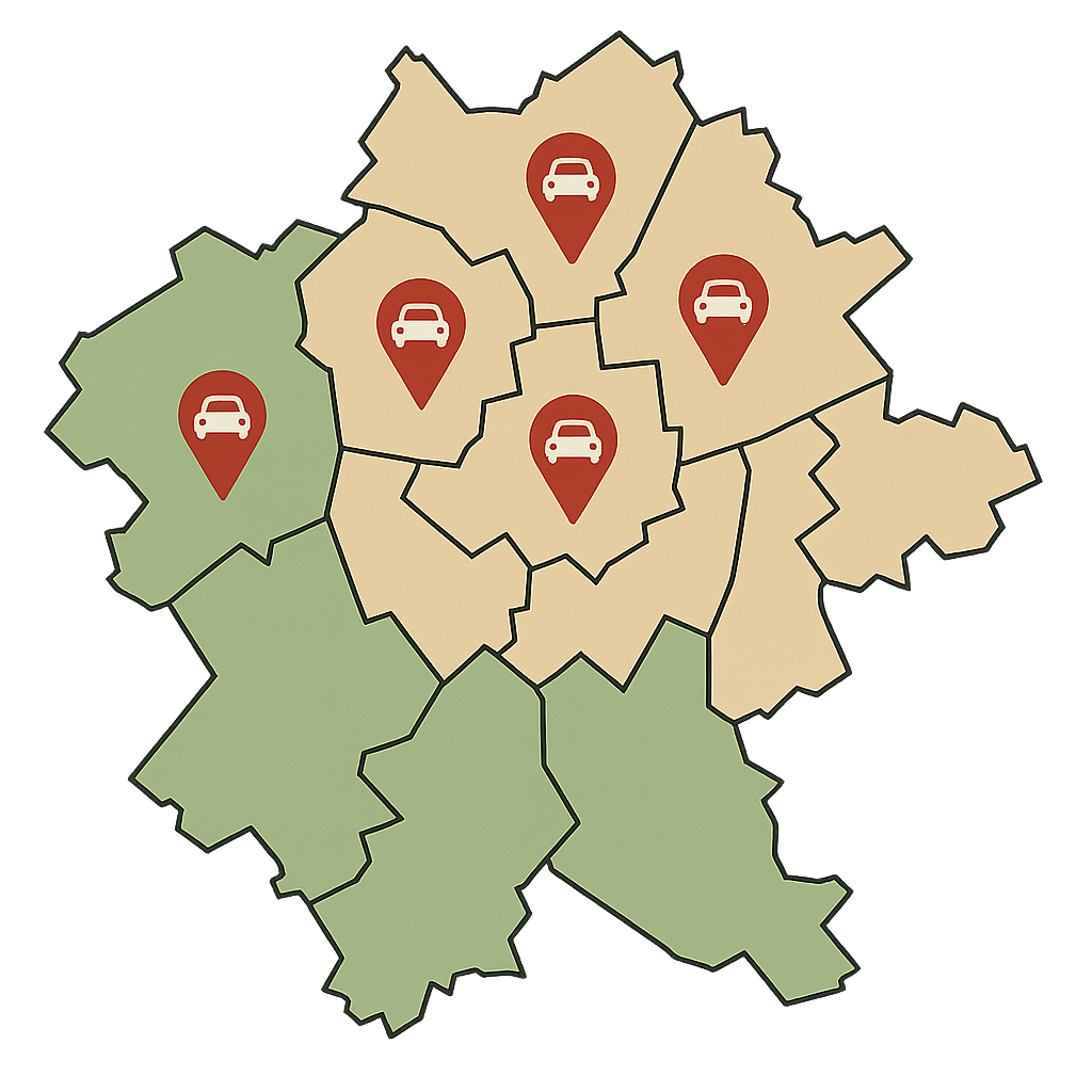 Grafische Stadtkarte von Mühlhausen mit markierten Abholgebieten für den digitalen Auto Verkauf