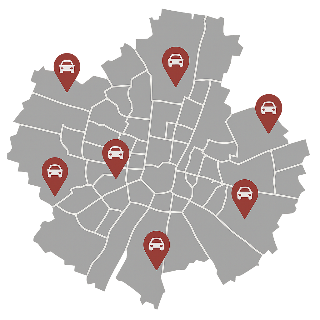 Stadtkarte von München mit Markierungen für regionale Stellen zum Auto Verkaufen