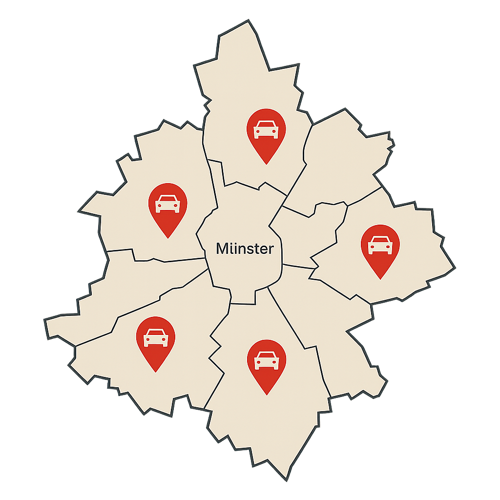 Stadtkarte von Münster mit mehreren Markierungen für den regionalen Autoverkauf in verschiedenen Stadtteilen