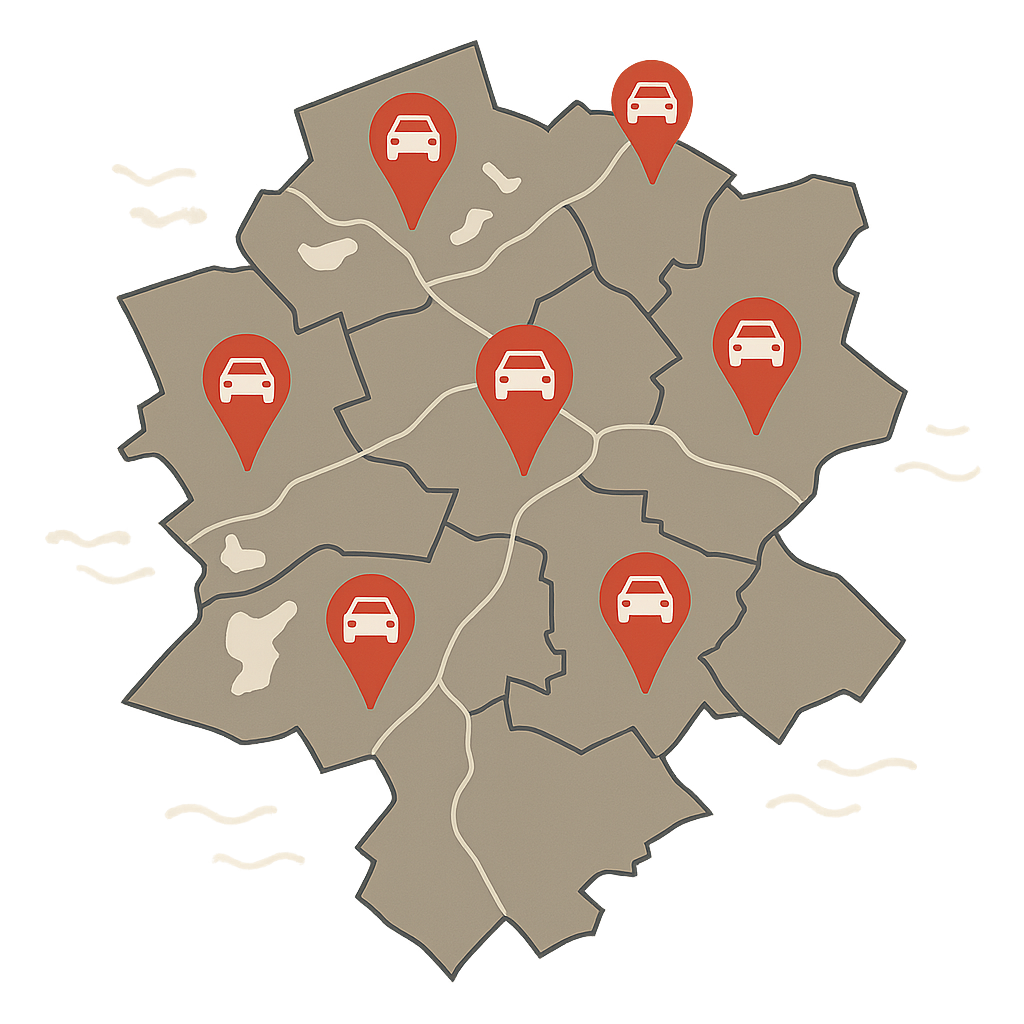 Stadtkarte von Nettetal mit Markierungen für regionales Auto Verkaufen und Ankauf von Unfallwagen, Autos mit Motorschaden und Getriebeschaden im Raum Niederrhein