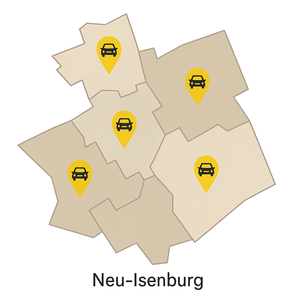 Stadtkarte von Neu-Isenburg mit Markierungen für regionales Auto Verkaufen und Fahrzeugservice