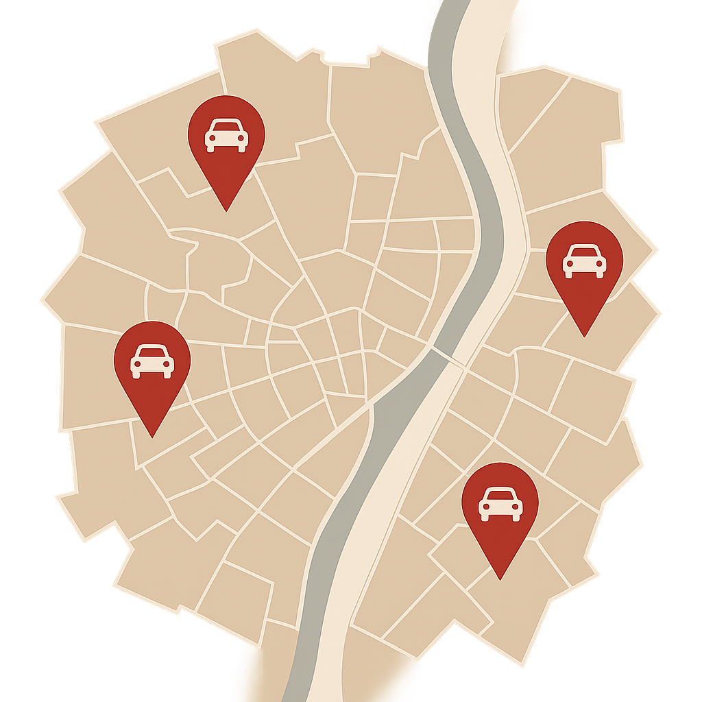 Stadtkarte von Neu-Ulm mit Markierungen für defekte Autos in Vierteln wie Offenhausen Ludwigsfeld und Pfuhl zum Auto Verkaufen im gesamten Stadtgebiet