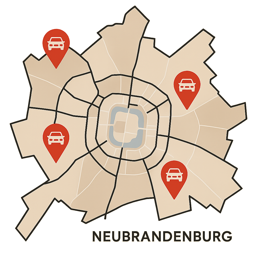 Stadtkarte von Neubrandenburg mit Markierungen für Standorte zum Auto Verkaufen im gesamten Stadtgebiet