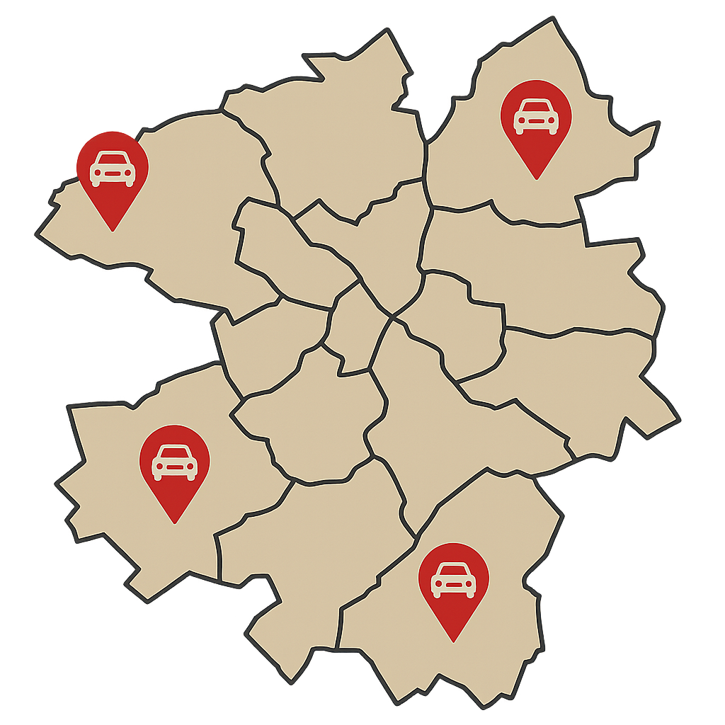 Stadtkarte von Neunkirchen mit Markierungen für Autoankauf in verschiedenen Stadtteilen wie Wellesweiler und Wiebelskirchen zum Auto Verkaufen im gesamten Stadtgebiet