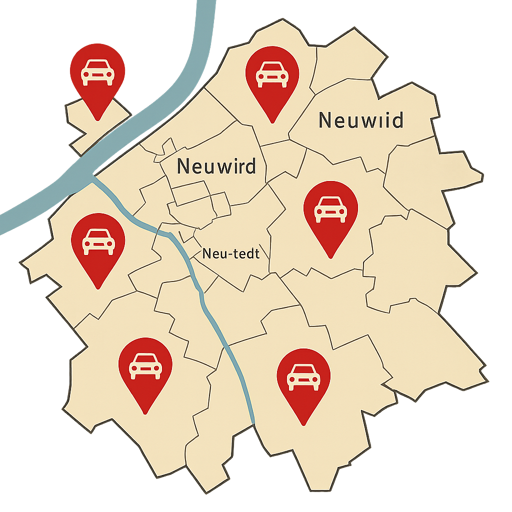 Stadtkarte von Neuwied mit Markierungen für den Autoankauf in Stadtteilen wie Engers Irlich Altwied Gladbach und Rodenbach
