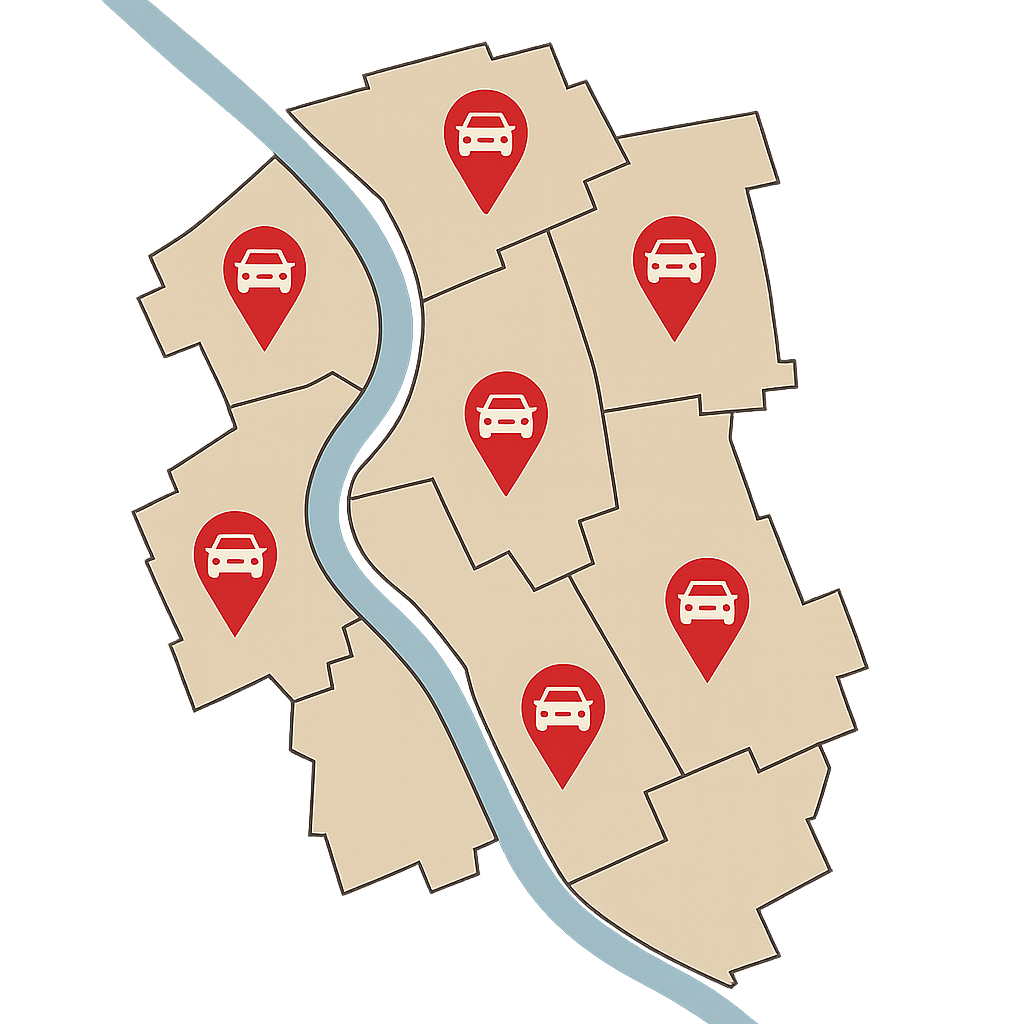 Stadtkarte von Niederkassel mit Markierungen für das Auto Verkaufen in urbanen Vierteln wie Rheidt und Mondorf
