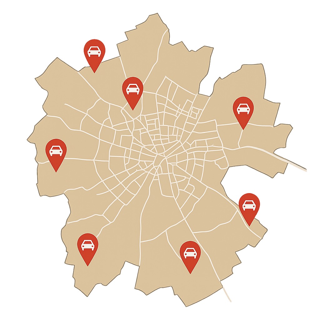 Stadtkarte von Nordhausen mit Markierungen für Autoankauf in den Stadtteilen Salza Krimderode Bielen Petersdorf Leimbach und Buchholz