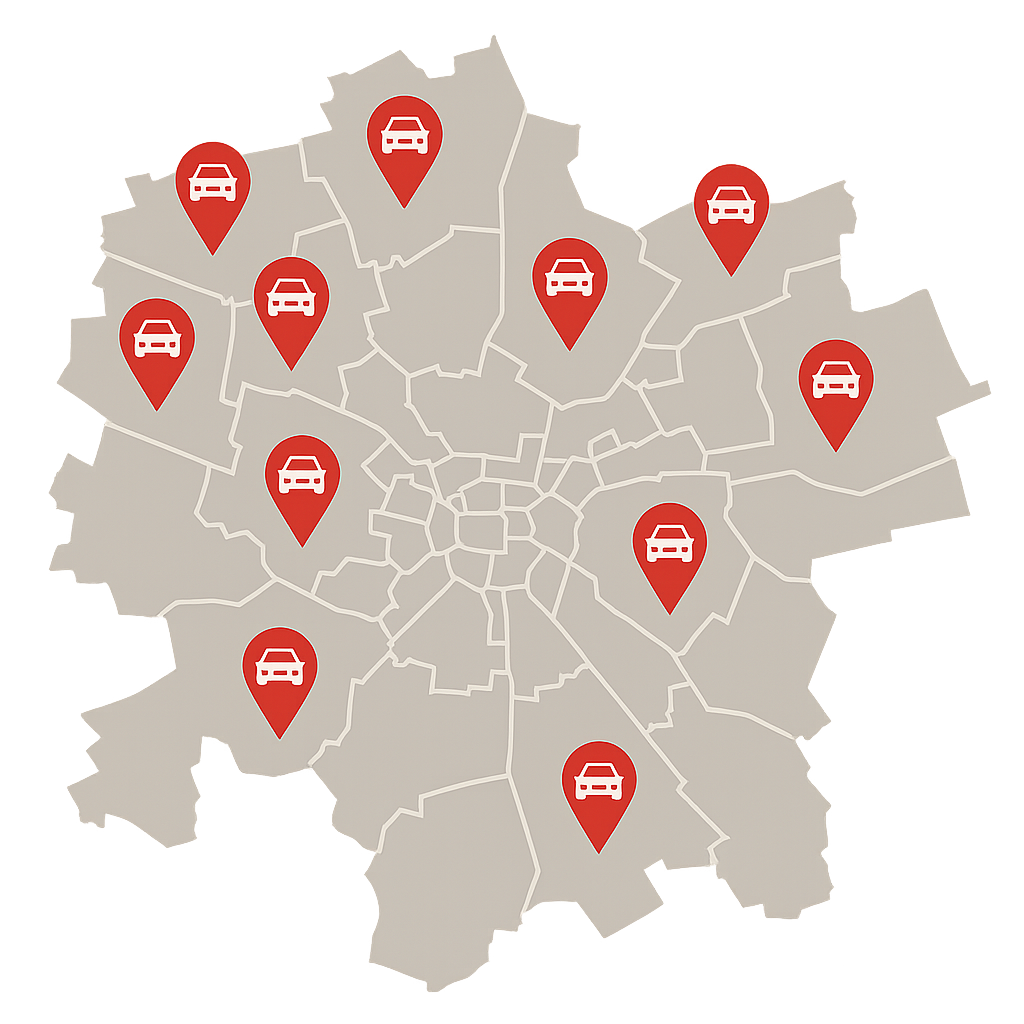 Stadtkarte von Nürnberg mit Markierungen für Auto Verkaufen in allen Stadtteilen von Langwasser bis St Johannis