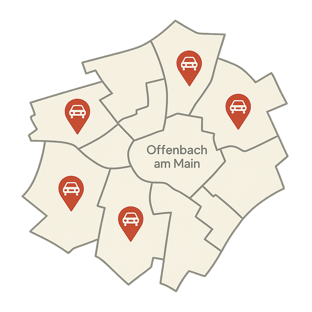 Stadtkarte von Offenbach am Main mit Markierungen für den PKW-Ankauf entlang Berliner Straße und Waldstraße
