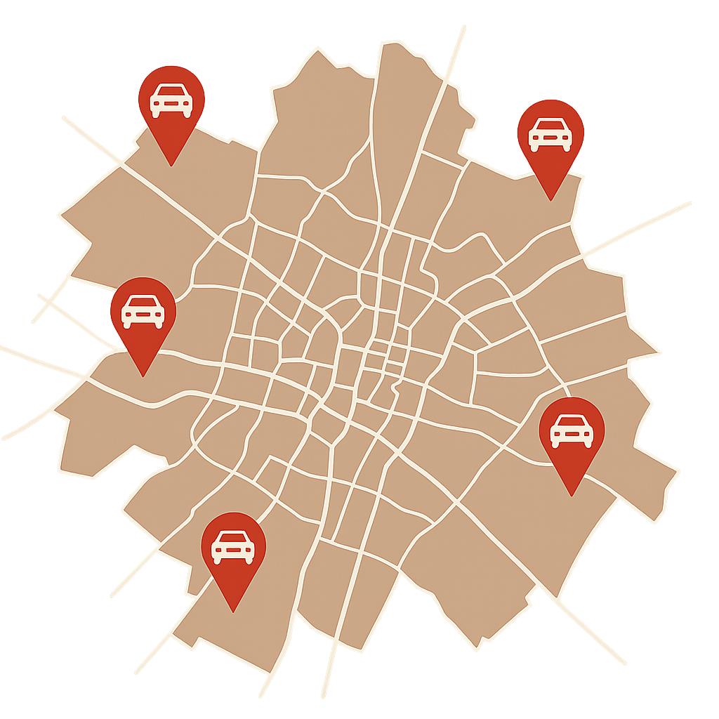 Regionale Stadtkarte von Offenburg mit markierten Standorten für den Auto Verkaufen Prozess und örtlichen Fahrzeugservice