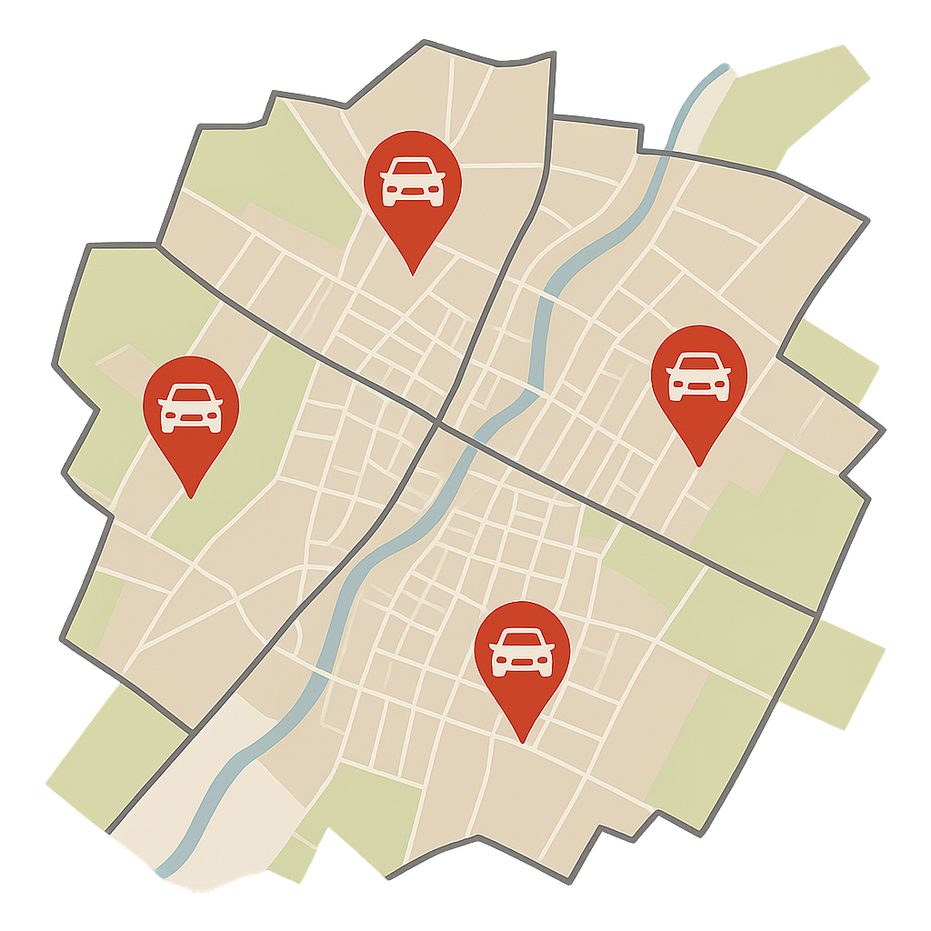 Regionale Karte zum Auto Verkaufen in Olching mit Markierungen für umliegende Orte von Fürstenfeldbruck bis Dachau