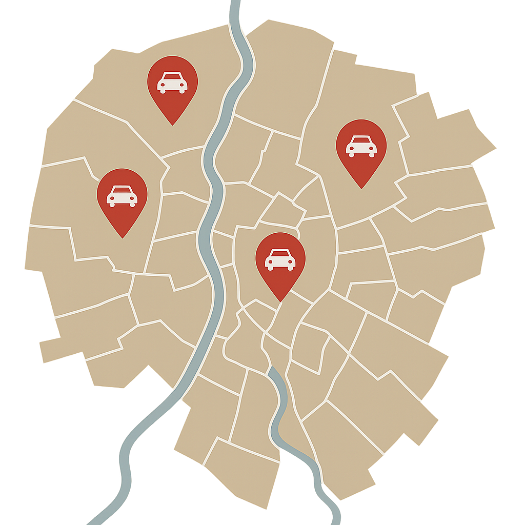 Stadtkarte von Oldenburg mit Markierungen für Standorte zum Auto Verkaufen entlang von Nadorster Straße und Cloppenburger Straße