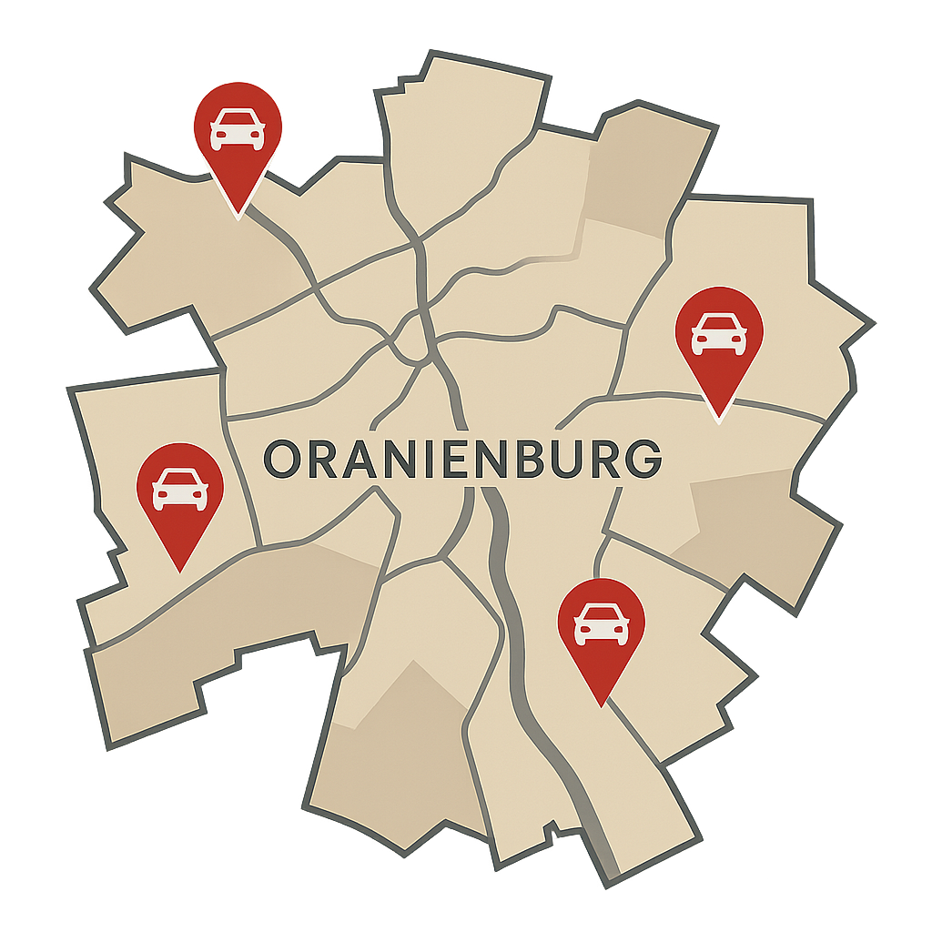 Stadtkarte von Oranienburg mit Markierungen für den PKW-Ankauf in der Region Oberhavel
