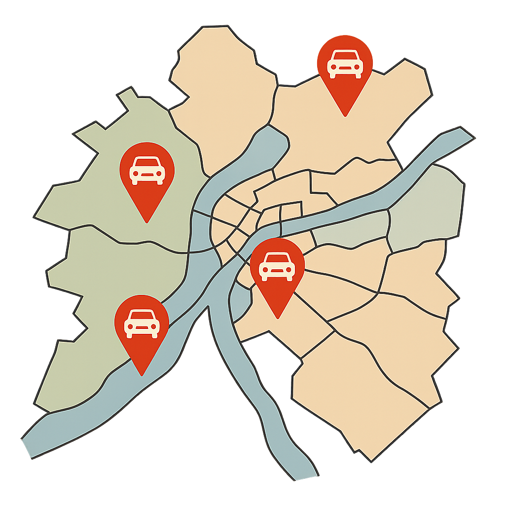 Stadtkarte von Passau mit Markierungen für regionalen PKW-Ankauf und digitale Möglichkeiten zum Auto Verkaufen in der ganzen Stadt