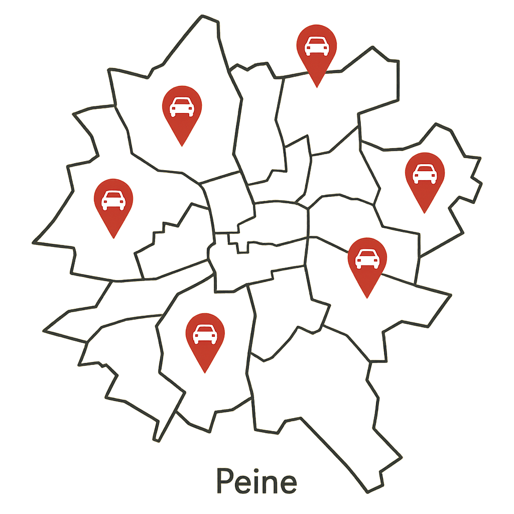 Stadtkarte von Peine mit Markierungen für Autobesitzer die ihr Auto rund um Breite Straße und Woltorfer Straße online verkaufen möchten