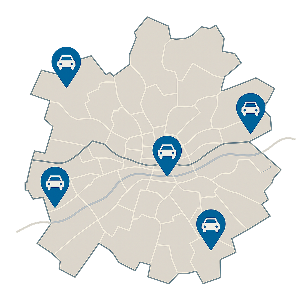 Stadtkarte von Pforzheim mit Markierungen für den PKW-Ankauf in verschiedenen Vierteln wie Brötzingen und Nordstadt