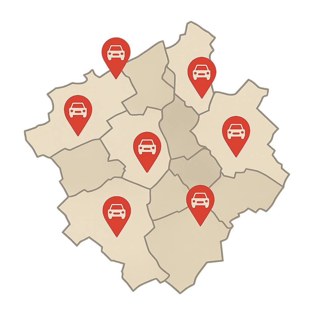 Stadtkarte von Ratingen mit mehreren markierten Stadtteilen für Auto Verkaufen und Fahrzeugservice in allen Bezirken