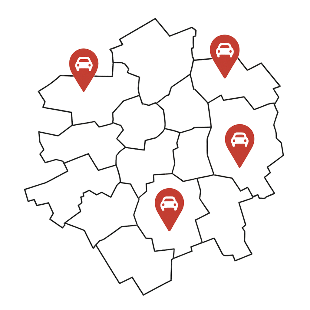 Stadtkarte von Recklinghausen mit Markierungen für den Auto Verkaufen Service in verschiedenen Stadtteilen wie Altstadt und Hillerheide