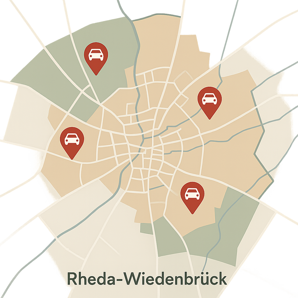 Stadtkarte von Rheda-Wiedenbrück mit Markierungen für Fahrzeugverkauf und regionale Autoangebote