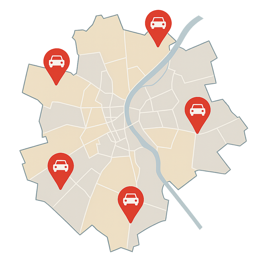 Stadtkarte von Rheine mit Markierungen für defekte Autos zum Auto Verkaufen in der gesamten Stadtregion