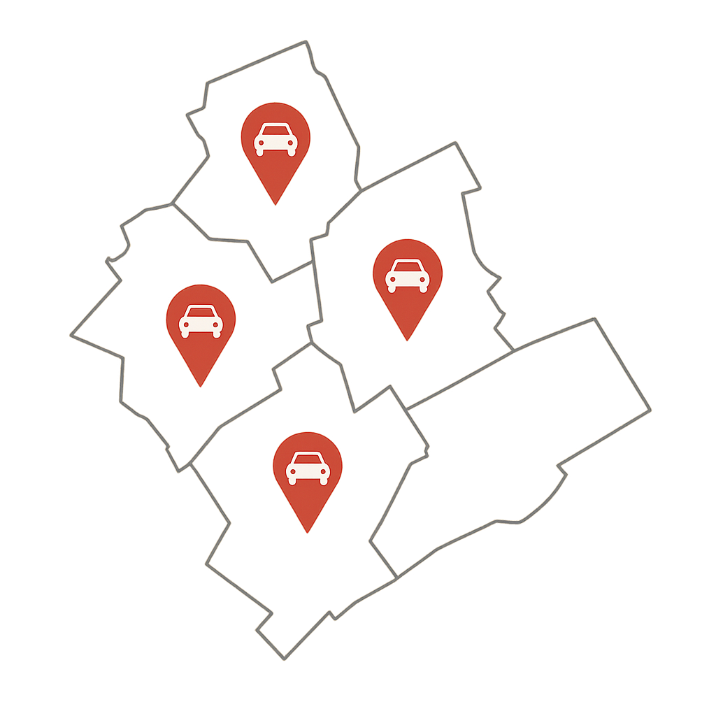 Stadtkarte von Rodgau mit Markierungen für den regionalen Auto Verkaufen Service für Pendler zwischen Offenbach am Main und Frankfurt am Main