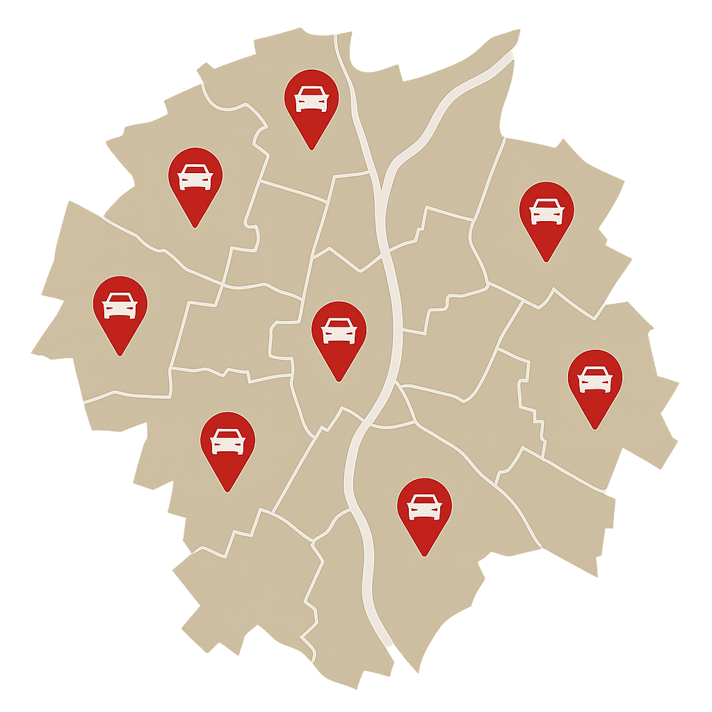 Stadtkarte von Rosenheim mit Markierungen für Orte im Umland an denen Autobesitzer ihr Unfallfahrzeug oder Auto mit Motorschaden online verkaufen können