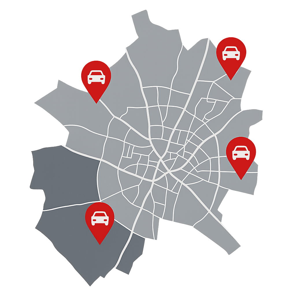 Stadtkarte von Roth mit markierten Standorten für den regionalen PKW-Ankauf und unterschiedlichen Einsatzgebieten der Fahrzeuge