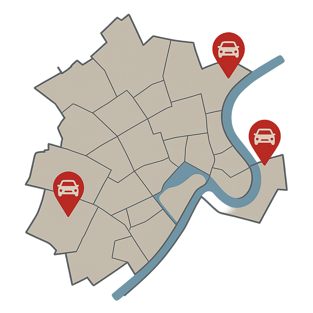 Stadtkarte von Rüsselsheim am Main mit Markierungen für den Autoankauf in verschiedenen Straßenabschnitten wie der Mainzer Straße zur einfachen Online Abwicklung beim Auto Verkaufen