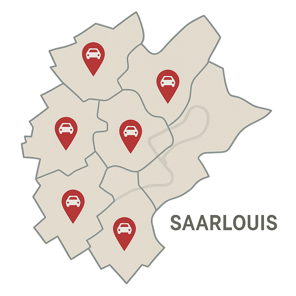 Stadtkarte von Saarlouis mit markierten Stadtteilen wie Roden Fraulautern Steinrausch Lisdorf und Beaumarais für Autofahrer die ihr Fahrzeug in Saarlouis verkaufen möchten