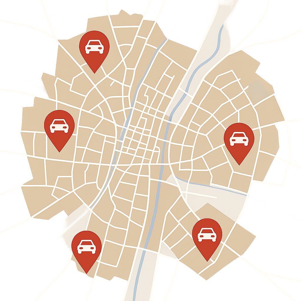 Stadtkarte von Sangerhausen mit mehreren Markierungen für PKW-Ankauf in allen Stadtteilen