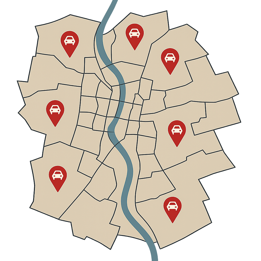 Stadtkarte von Schönebeck mit markierten Stadtteilen von Bad Salzelmen bis Felgeleben zum Auto Verkaufen im gesamten Stadtgebiet