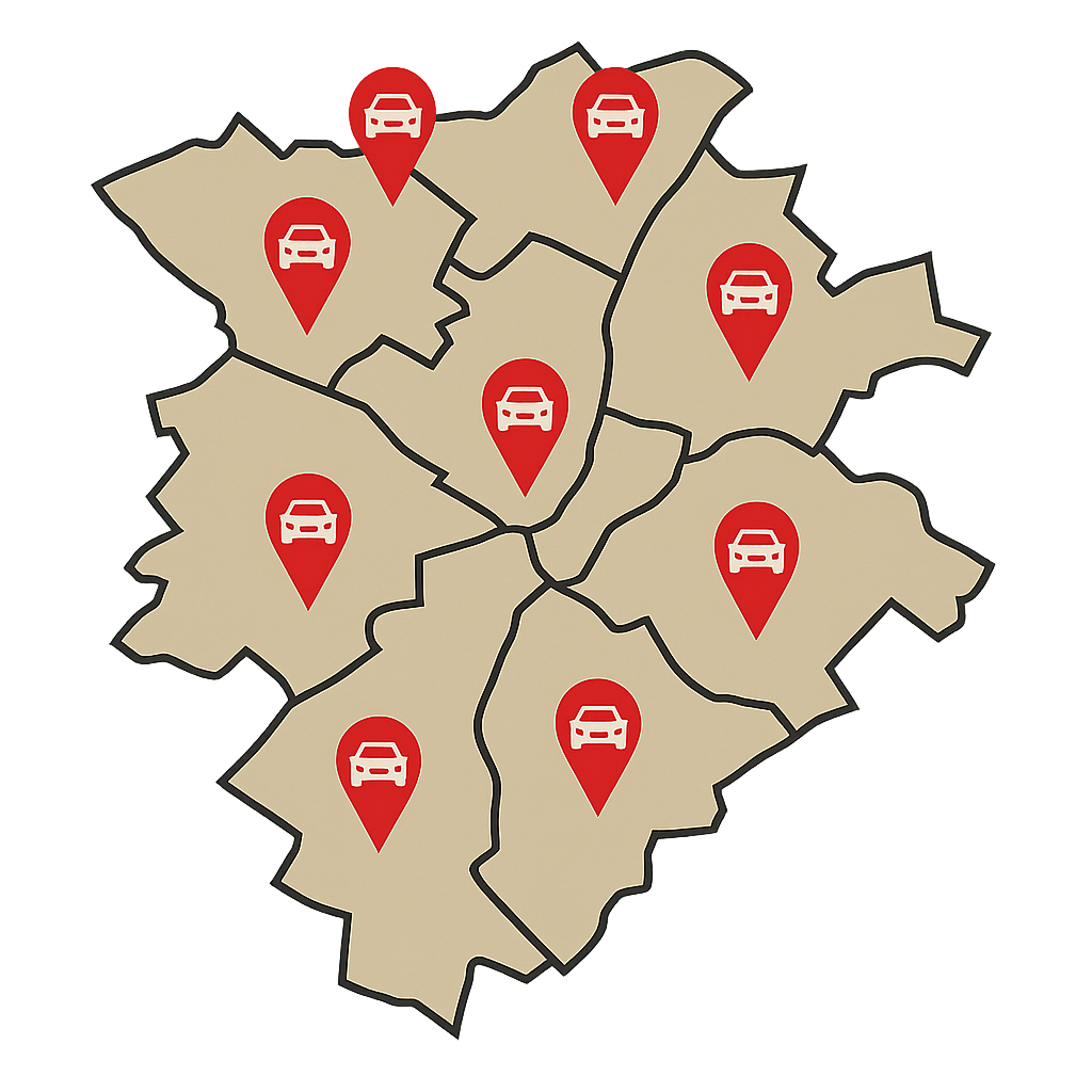 Stadtkarte von Schorndorf mit umliegenden Orten wie Waiblingen und Göppingen mit Markierungen zum Auto Verkaufen von Unfallwagen und Fahrzeugen mit Motorschaden