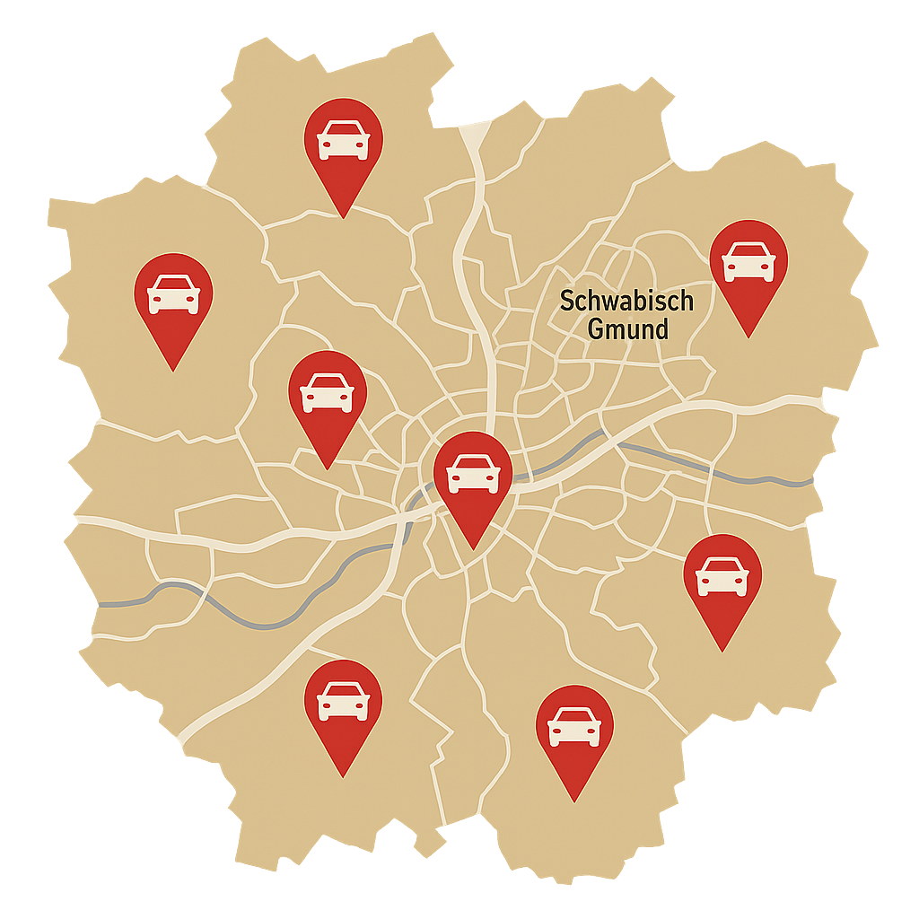 Stadtkarte von Schwäbisch Gmünd mit Markierungen für den PKW-Ankauf durch einen ortskundigen Dienstleister