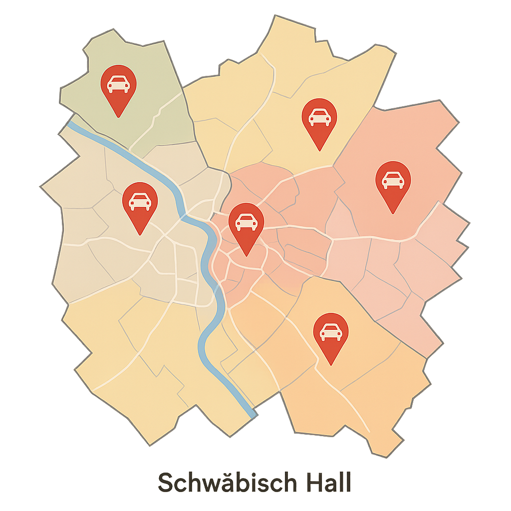 Digitale Stadtkarte von Schwäbisch Hall mit Markierungen für Auto Verkaufen entlang der B14