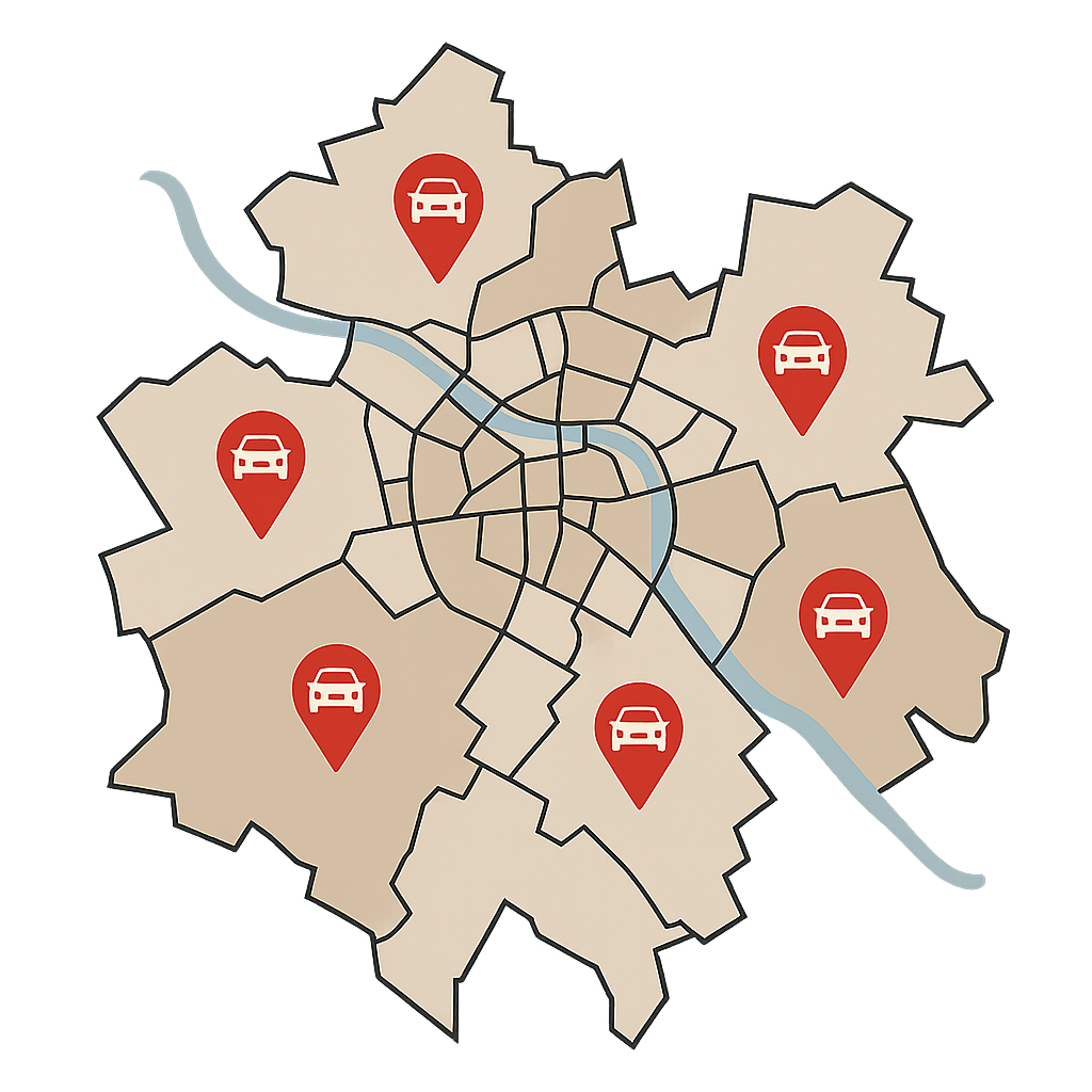 Stadtkarte von Schweinfurt mit Markierungen für den Autoankauf defekter Fahrzeuge in verschiedenen Stadtteilen