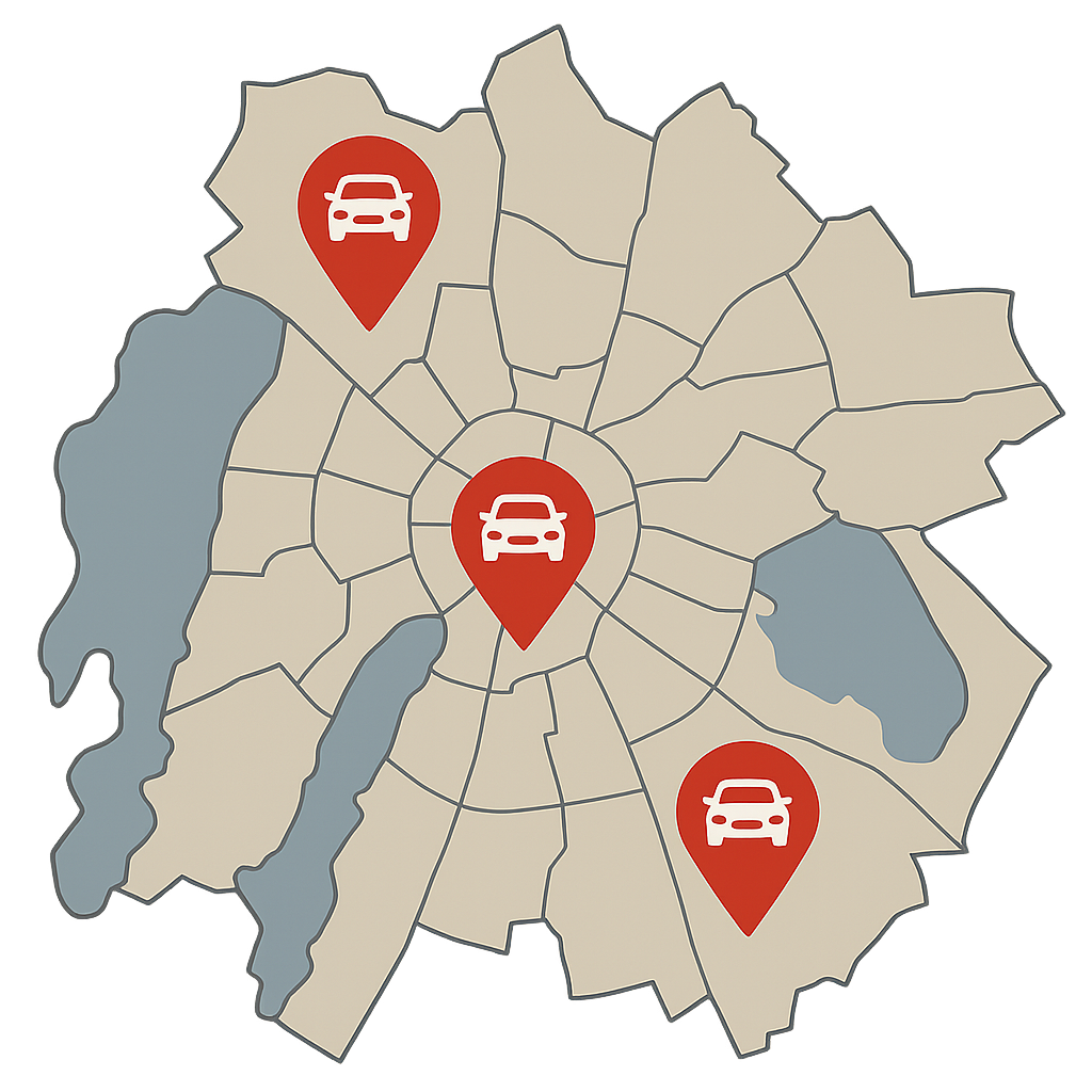 Stadtkarte von Schwerin mit Markierungen für den Auto Verkaufen Service in verschiedenen Stadtbereichen wie Lankow