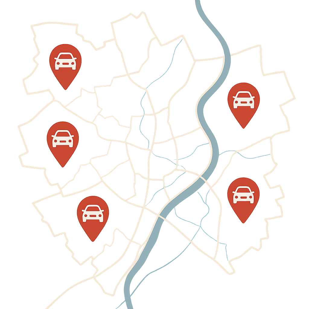 Stadtkarte von Schwerte mit Markern für Auto Verkaufen in Ergste Westhofen Villigst Wandhofen Holzen Geisecke und dem Zentrum