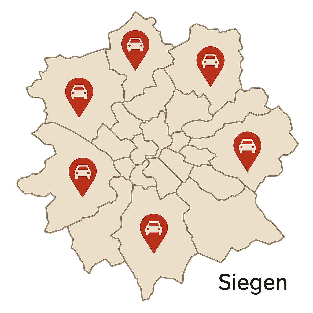 Stadtkarte von Siegen mit mehreren markierten Stadtteilen als Symbol für regionales Auto verkaufen in Siegen und Umgebung
